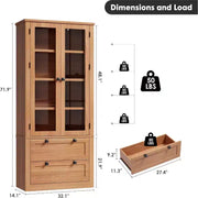 Alacena de cocina estilo granja con puertas de vidrio, armario de almacenamiento de 72 pulgadas con cajones y estantes ajustables para comedor, baño y sala de estar