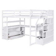 Cama alta de tamaño matrimonial con escritorio y estantes, dos cajones integrados, escalera con almacenamiento, gris