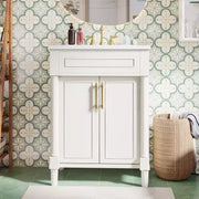 Tocador de baño de 24 pulgadas con lavabo de cerámica, gabinete estilo Shaker, 2 puertas de cierre suave y marco de madera maciza para baño pequeño o tocador