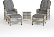 Set de muebles de jardín de ratán de 5 piezas, conjunto de conversación para patio con 2 sillas, 2 taburetes y 1 mesa, respaldos ajustables y cojines suaves, para terrazas, jardines y patios, gris