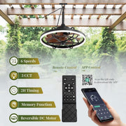 Ventilador de techo para exteriores KZT con iluminación, resistente al agua IP65, lámpara de techo con ventilador, mando a distancia, silencioso, 6 velocidades, regulable, para terrazas, cenadores y jardines.