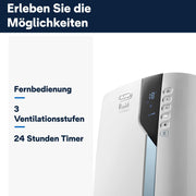 De'Longhi Pinguino PAC EL112 CST WiFi, aire acondicionado portátil con tecnología MyEcoRealFeel para habitaciones de hasta 110 m³, 11.000 BTU/h, 2,9 kW, 63 dB, función de deshumidificación, A+, control por aplicación y voz, blanco