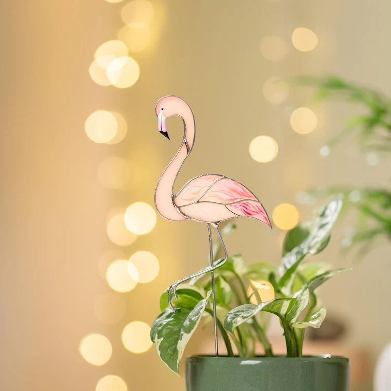 Estaca decorativa de flamenco de cristal para plantas, decoración de jardín romántica, pintado a mano, rosa