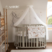 Cuna ovalada evolutiva Waldin, set completo 7 en 1, cuna de barrotes, cama infantil con colchón, cambiador, cuna colecho, madera blanca