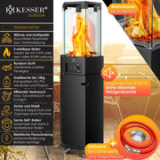 KESSER® Calentador de gas 4/8 kW, encendido piezoeléctrico + regulador de presión de gas + funda, ruedas 360°, protección antivuelco, estufa de terraza, calentador de gas para exteriores, chimenea móvil, calefactor, negro