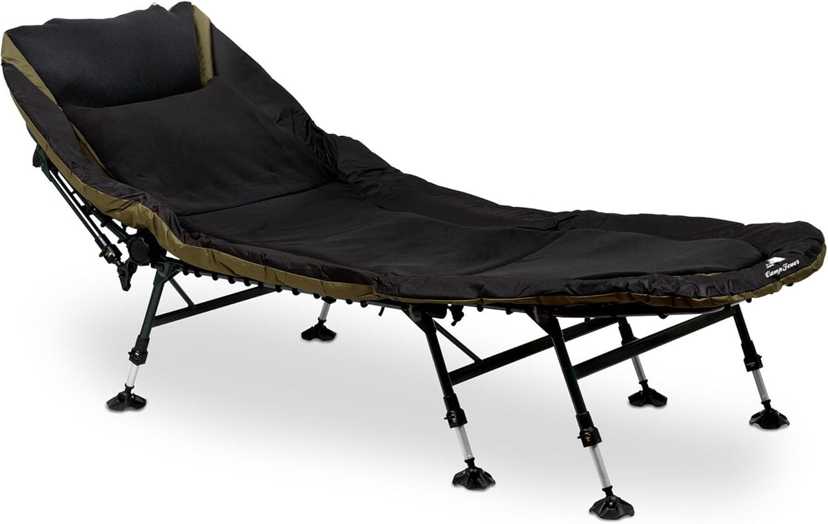 Tumbona de pesca de carpas CampFeuer XXL 210 x 85 x 45-60 cm | Silla de pesca tipo tumbona con 8 patas de altura regulable | Silla plegable, cómoda y acolchada para la pesca de carpas
