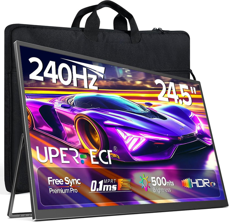 Monitor portátil UPERFECT de 24.5", 240 Hz, con base, 100% sRGB, 1080P FHD, 1200:1, ultrafino - Pantalla de juegos con protección ocular para portátil/PC/consolas de juegos, compatible con VESA