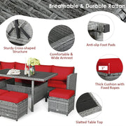 Conjunto de muebles de comedor para patio de 7 piezas de ratán con sofá seccional, mesa de comedor, otomanas y cojines