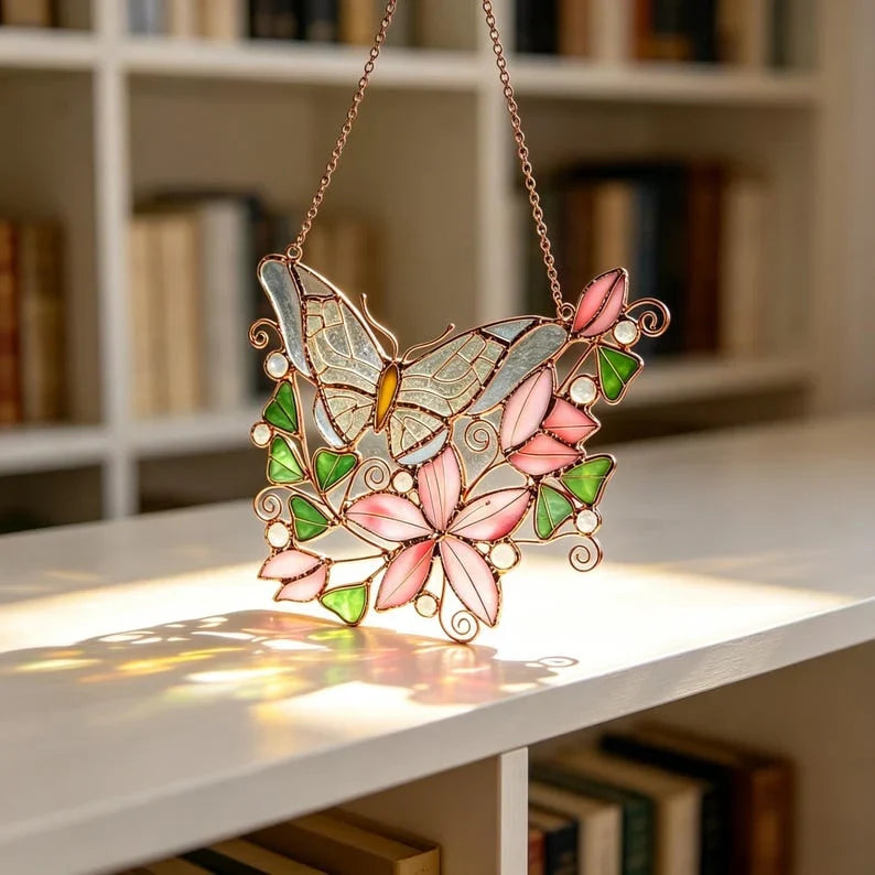 Atrapasueños de mariposa de vidrieras, colgante de ventana de flores rosas, decoración de dormitorio, adornos de mariposa