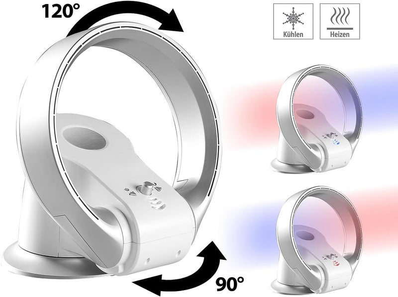 Ventilador sin aspas Sichler Haushaltsgeräte: Ventilador de mesa de 360° sin aspas y calefactor, oscilación, hasta 1100 W (ventilador con función de calefacción, sin hojas, mini)