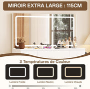 TRIUMPHKEY Tocador con espejo y taburete, mesa de maquillaje con espejo LED de gran formato con brillo ajustable, 7 cajones y toma de corriente, mueble para el hogar, blanco