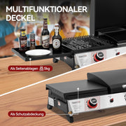 Barbacoa de gas de 3 quemadores Royal Gourmet, parrilla de mesa 3 en 1 para asar, freír y cocinar, barbacoa de camping con mesa auxiliar plegable, parrilla portátil para picnic de 8,5 kW, negra