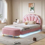 Juego de dormitorio de 2 piezas, cama de plataforma Full con luces LED y otomana de almacenamiento