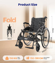 Silla de ruedas plegable y ligera VOCIC U31 autopropulsada, 150 kg, ruedas de 60 cm, asiento de 46 cm, doble freno, 17,5 kg, para exteriores y personas mayores