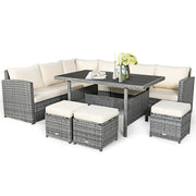 Conjunto de muebles de comedor para patio de 7 piezas de ratán con sofá seccional, mesa de comedor, otomanas y cojines