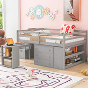 Cama tipo loft de tamaño matrimonial con escritorio retráctil y 3 cajones