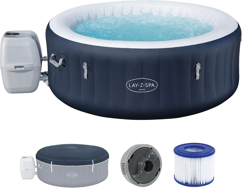 Bestway Lay-Z-SPA Spa inflable de bajo consumo Miami AirJet, Ø 180 x 66 cm, 4 personas, calefacción, protector contra heladas, 120 chorros AirJet, aislamiento de bajo consumo, cubierta térmica, azul oscuro