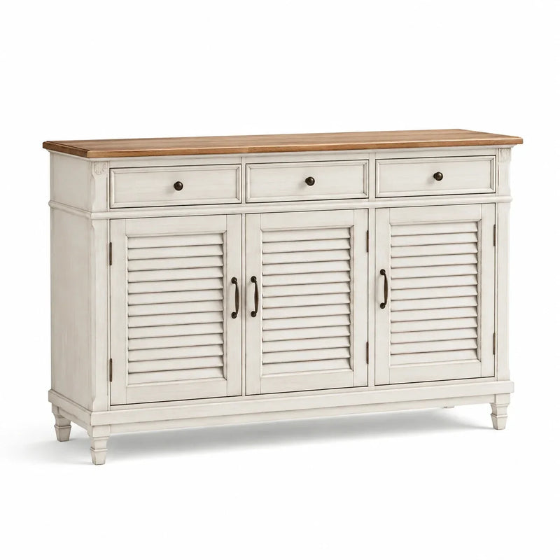 Aparador de madera de pino con tablero de roble, blanco