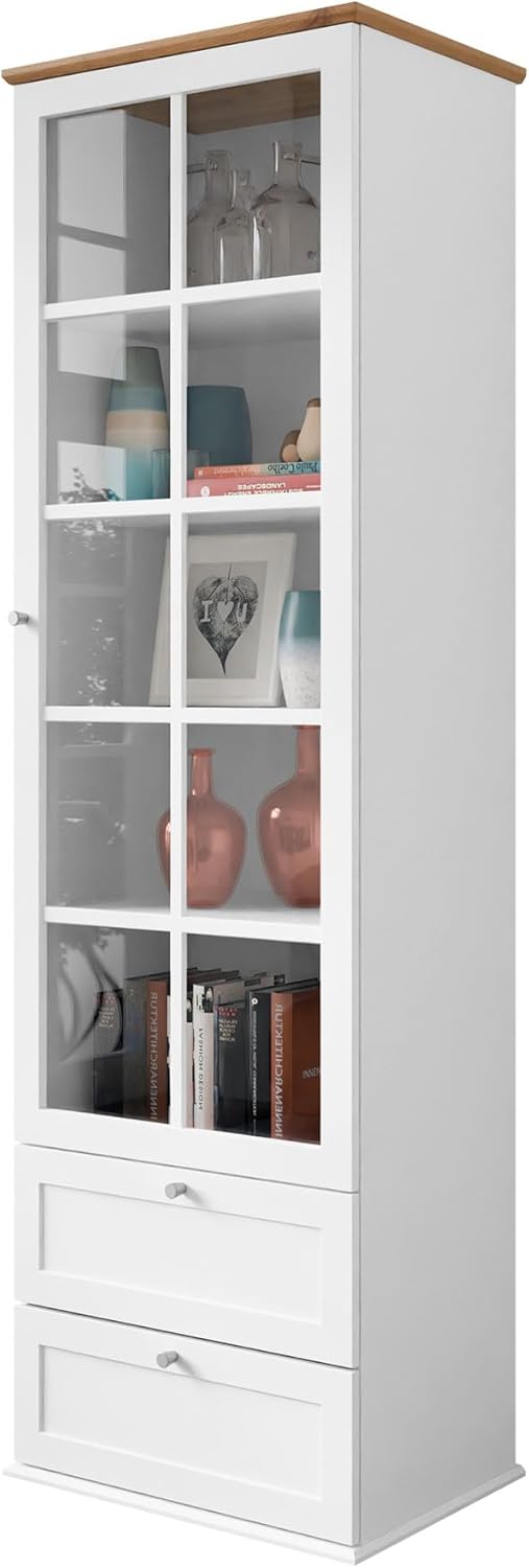Mirjan24 Vitrina Gacoris 2SZ1D, vitrina de pie con 2 cajones y puerta de estilo escandinavo, armario vitrina, vitrina de cristal, armario alto (blanco/roble Lefkas)