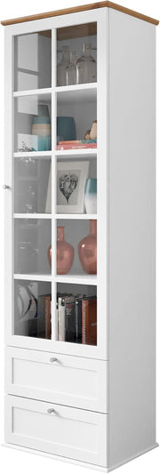 Mirjan24 Vitrina Gacoris 2SZ1D, vitrina de pie con 2 cajones y puerta de estilo escandinavo, armario vitrina, vitrina de cristal, armario alto (blanco/roble Lefkas)