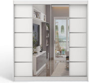 Armario con puertas correderas ML Furniture C5 150 x 200 x 58 cm con espejo - Mueble de dormitorio, almacenamiento - Armario multiusos - Color: Blanco - 2 puertas correderas