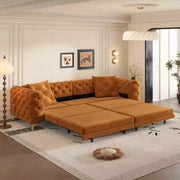 Sofá cama convertible 3 en 1 de terciopelo naranja con otomana, capacidad para 4 personas