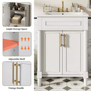 Tocador de baño de 24 pulgadas con lavabo de cerámica, gabinete estilo Shaker, 2 puertas de cierre suave y marco de madera maciza para baño pequeño o tocador