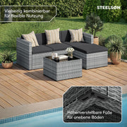 Set de muebles de jardín de ratán STEELSØN Zethora de 3 piezas – Conjunto de asientos para exterior para jardín/terraza/balcón – Salón de jardín con sofá de 3 plazas, taburete y mesa – Conjunto de muebles gris/antracita para 4 personas
