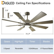 Ventilador de techo con luz, control remoto y 8 aspas grandes de madera