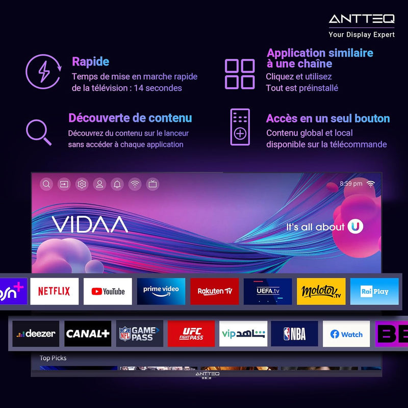 Antteq Vita Smart TV 32 pulgadas (80 cm), televisión con sistema operativo Vidaa, aplicación móvil, tienda de aplicaciones, compartir en TV, Netflix/DAZN/WiFi, HDMI, V32-AH3Q1L, 2025