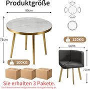 Juego de comedor de 5 piezas, mesa de comedor redonda de 90 cm con 4 sillas, moderna mesa de cocina de MDF con 4 sillas tapizadas para cocina, sala de estar, balcón, restaurante (dorado)
