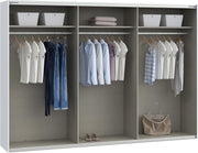 Armario corredero Forte SOPHISTISPACE 300 de 3 puertas con estantes y barra para colgar ropa, blanco, 299,8 cm de ancho, 210,5 cm de alto, 62,9 cm de profundidad