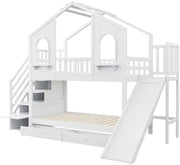 Cuna litera 90x200, cama alta en forma de casa con tobogán, escalera de almacenamiento, 2 cajones, ventanas y tejado, litera cama doble de madera con somier y protección anticaídas, pino, sin colchón, blanco