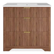 Conjunto de tocador de baño moderno estriado con lavabo de cerámica integrado, mueble de baño independiente con 3 cajones para baño contemporáneo