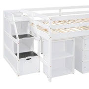 Cama tipo loft de tamaño matrimonial con escritorio retráctil y 3 cajones