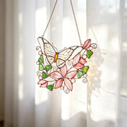 Atrapasueños de mariposa de vidrieras, colgante de ventana de flores rosas, decoración de dormitorio, adornos de mariposa