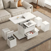 Mesa de centro elevable y plegable con 4 taburetes y almacenamiento