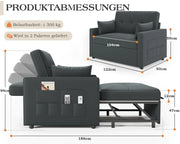 Sofá cama 3 en 1 LUXOAK 186 x 122 cm, gris, respaldo ajustable, acolchado cómodo de 12 cm, estructura de madera maciza y metal