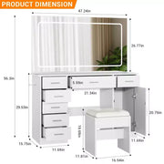 Tocador moderno con espejo grande, 7 cajones, luces LED, silla, 3 modos de iluminación, soporte para secador de pelo y estación de carga para dormitorio
