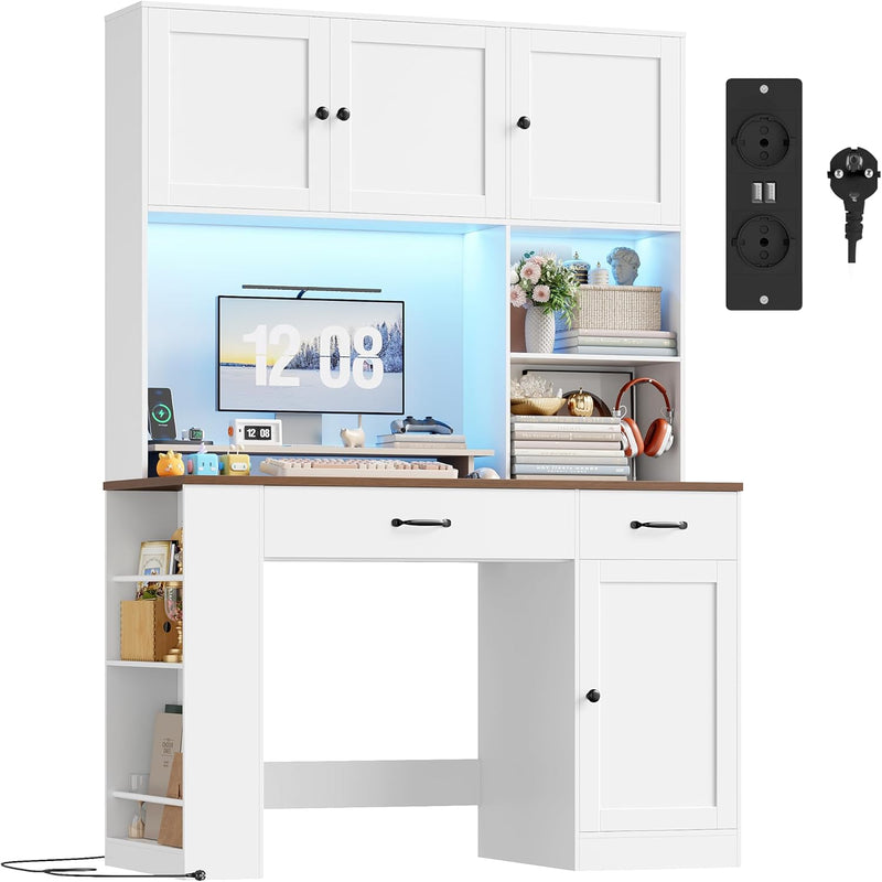 Escritorio FirFurd de 180 cm de altura con cajones y estantería, mesa de ordenador de madera con LED y regleta de enchufes, escritorio de oficina, mesa para PC, muebles para despacho, oficina, habitación infantil, 180x120x50 cm, blanco