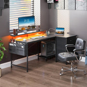 Escritorio en esquina ODK con 4 cajones de tela, escritorio en forma de L reversible de 140x80 cm con 2 enchufes y 2 puertos de carga USB, escritorio gaming en forma de L con LED y soporte para monitor para oficina en casa, negro