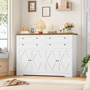 Aparador HOCSOK, mueble de cocina de 132,7 cm de ancho con 2 estantes ajustables, armario buffet con 4 cajones y 4 puertas, aparador de cocina para salón, cocina, recibidor, blanco y marrón