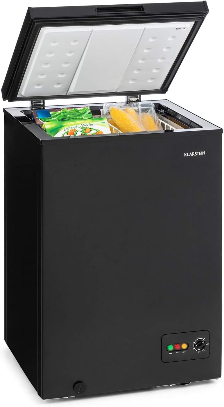 Congelador arcón Klarstein, pequeño congelador para dormitorio y hogar, congelador de 99 L, congelador de tamaño compacto con estantes, bajo consumo energético, cesta de congelación colgante, patas de apoyo