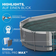 Set de piscina con estructura Bestway Power Steel con bomba de filtro 305 x 200 x 84 cm, gris, ovalada