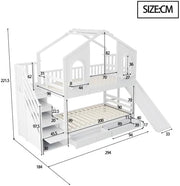 Cuna litera 90x200, cama alta en forma de casa con tobogán, escalera de almacenamiento, 2 cajones, ventanas y tejado, litera cama doble de madera con somier y protección anticaídas, pino, sin colchón, blanco