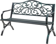 casa.pro Banco de jardín Utav Banco de exterior resistente a la intemperie 127 x 53 x 79 cm Banco de metal máx. 300 kg Gris oscuro con pátina verde Banco de 3 plazas