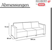 Sofá de jardín de 3 plazas Allibert California color antracita – Sofá lounge con aspecto de ratán para jardín, terraza y balcón – Sofá de exterior resistente a la intemperie incl. cómodos cojines de asiento y respaldo en color arena – 199 x 68 x 72 cm