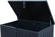 Caja para cubos de basura Koll Living Soraya de 775 litros, de plástico con aspecto de madera – bloqueable, resistente a la intemperie, resistente a los rayos UV, con amortiguadores de gas – Negro/Gris