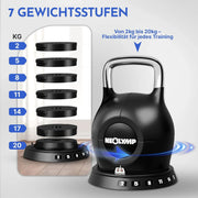 Kettlebell ajustable 7 en 1 de 2 a 20 kg para entrenamiento de cuerpo completo con mango de acero inoxidable resistente y sistema de pesas