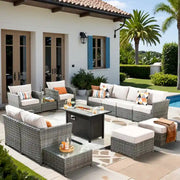 Conjunto de muebles de mimbre para patio exterior de 13 piezas XIZZI con mesa de fuego